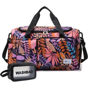 Women Orange Leaves Small Gym Carry On Weekender Travel Shoe Compartment Bag